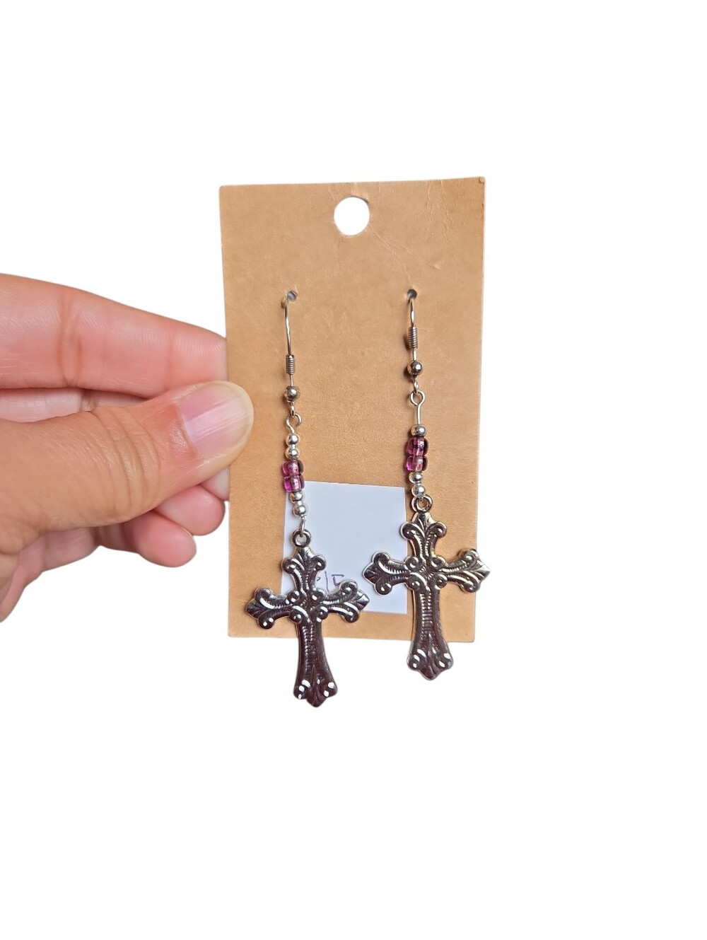 Silver Toned Cross Dangle Earrings with Purple Beads 3"